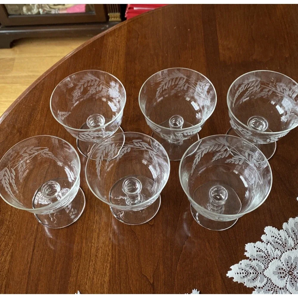Sasaki Japan SAS28 Low Sherbets Clear Etched Crystal Mid Century Elegant Set (6)